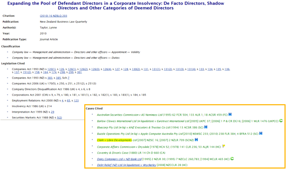 Brookers Online - legal writing index - case citator icons showing